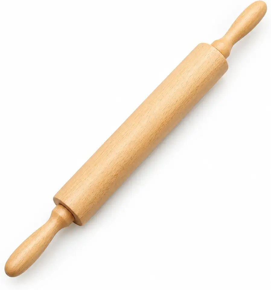 Rolo de Massa em Madeira Natural com Cabos Ergonômicos – Ideal para Abrir Massas, Pães, Pizza e Confeitaria – Utensílio de Cozinha Resistente