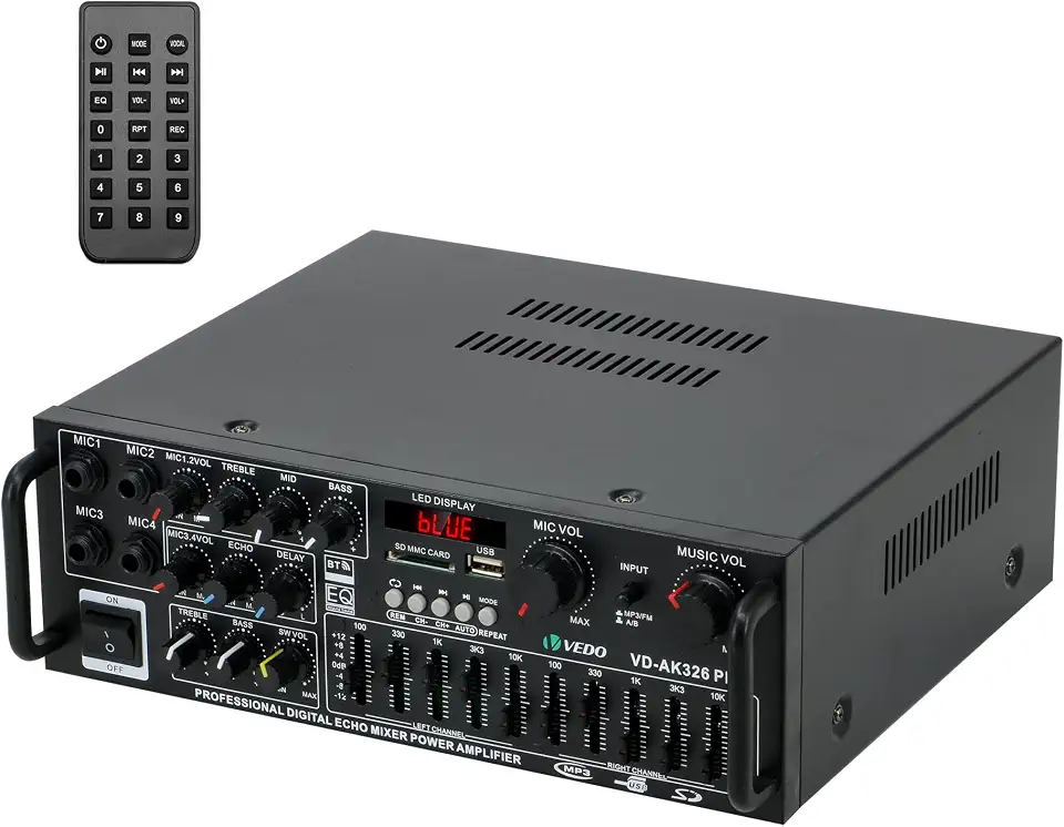 VEDO Amplificador de potência Bluetooth 2.1 de 300 W, 12 V, 110 V/220 V para áudio automotivo e residencial, com controle remoto e subwoofer