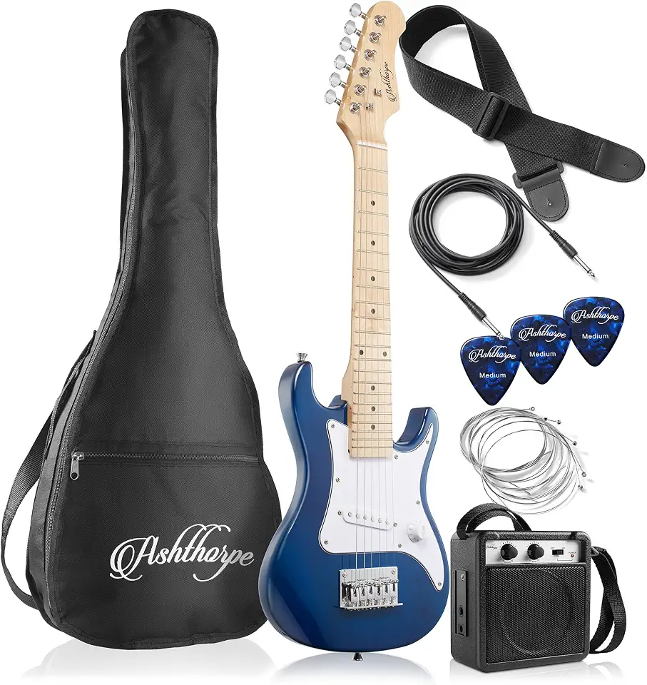 Ashthorpe Kit de guitarra elétrica para iniciantes de 76 cm com amplificador (azul), pacote básico para iniciantes com gig bag, cordas, alça, palhetas