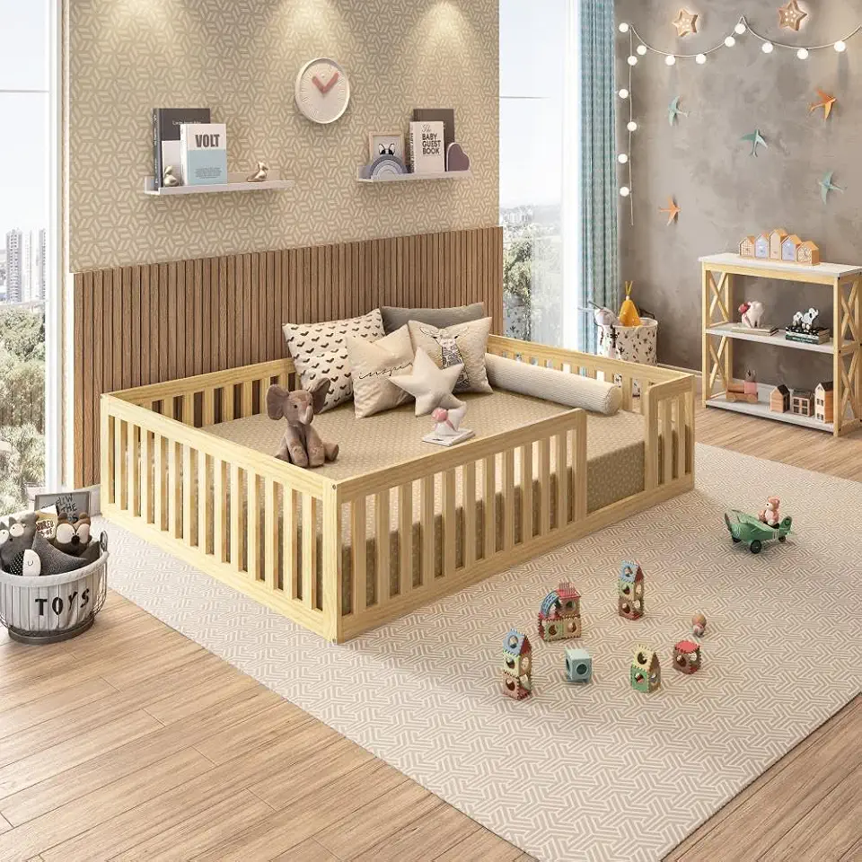 Cama Montessoriana Casal em Madeira Maciça com Grade Giulia Casatema Natural