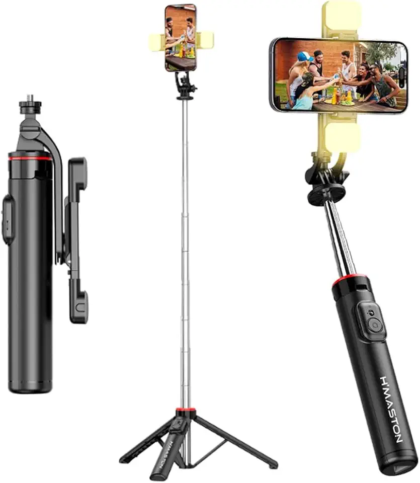 Bastão Tripé Para Celular 360º Dobrável Pau De Selfie Bluetooth Mini Controle Remoto 3 em 1 Câmera Selfie Stick Com Iluminação Led (PRETO) H'MASTON