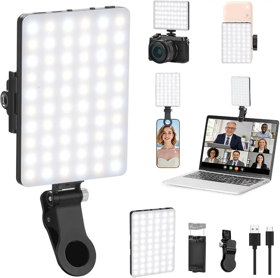 Newmowa Luz de videoconferência com 60 LEDs recarregáveis de alta potência com clipe frontal e traseiro, 3 modos de luz ajustados para telefone, iPhone, Android, iPad, laptop, para maquiagem, TikTok,