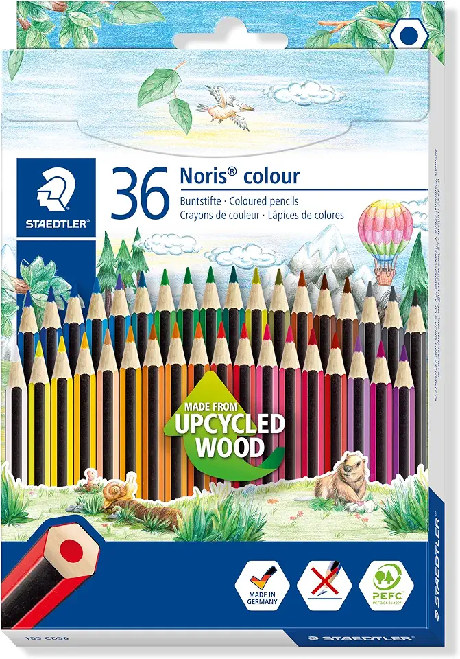 STAEDTLER Lápis de Cor Noris Hexagonal 36 Cores - 185 CD36 - Cores Vivas, Alta Resistência à Quebra, Madeira Sustentável – Ideal para Uso Escolar
