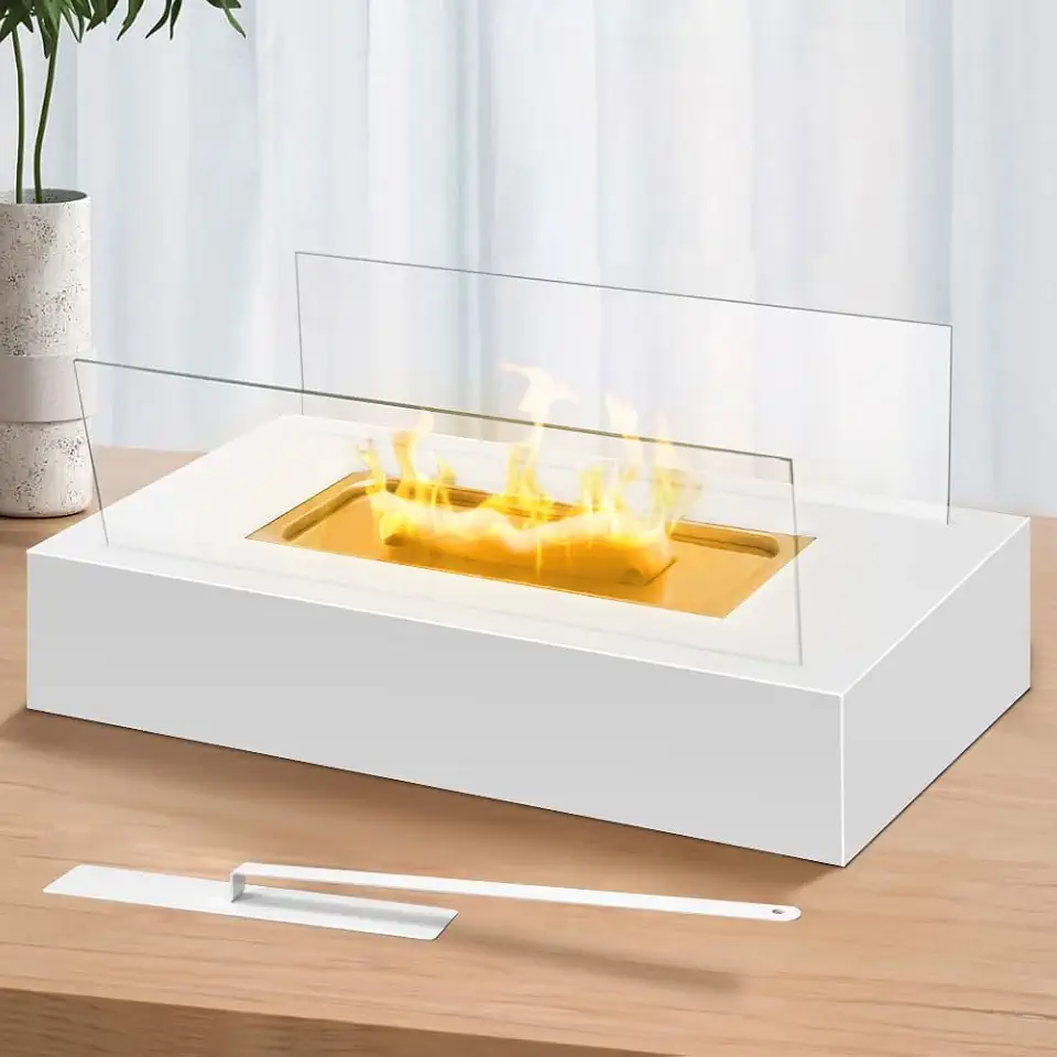 Lareira Portátil Decorativa de Mesa Branco Design Moderno 35cm, Lareira Ecológica a Álcool Ou Etanol Aço Preta, Fogareiro camping, Fogareiro