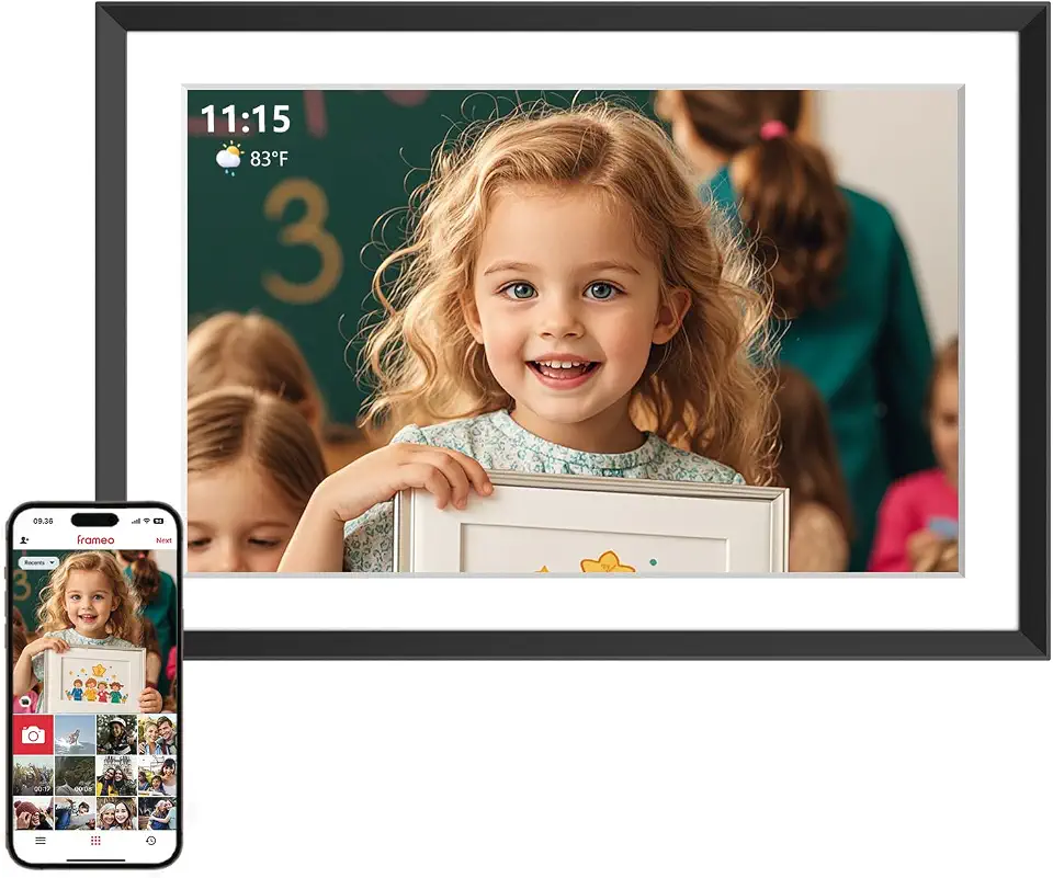 Porta-retrato digital Frameo com tela IPS HD de 10 polegadas e 1280x800, porta-retrato digital Wi-Fi com memória interna de 32GB, suporte para até 1TB, rotação automática e montagem na parede, envie
