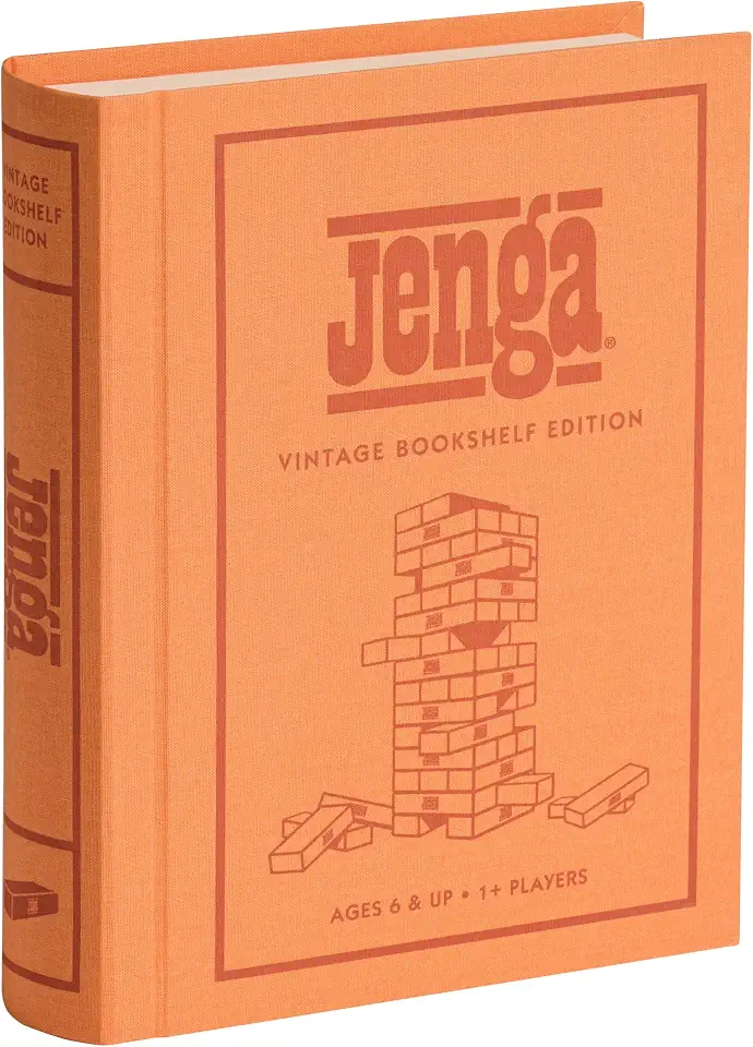 WS Game Company Jenga Vintage Bookshelf Edition, Linen Wrapped Book Box & Slipcase, 54 Hardwood Blocks & Stacking Sleeve, Classic Jenga Game for Adults & Kids, Ages 6+