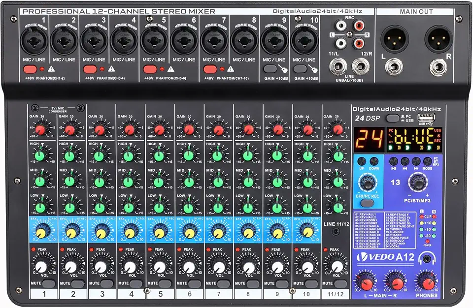 mesa de som, vedo A12 12 canais digital/número profissional portátil com reverb bluetooth usb interface audio/áudio mixer