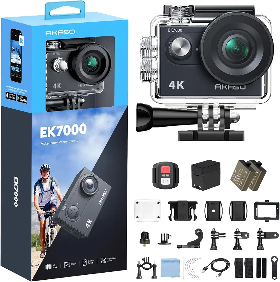 AKASO Câmera de ação EK7000 4K30FPS 20MP Ultra HD câmera subaquática 170 graus grande angular 98FT à prova d'água suporta microfone externo
