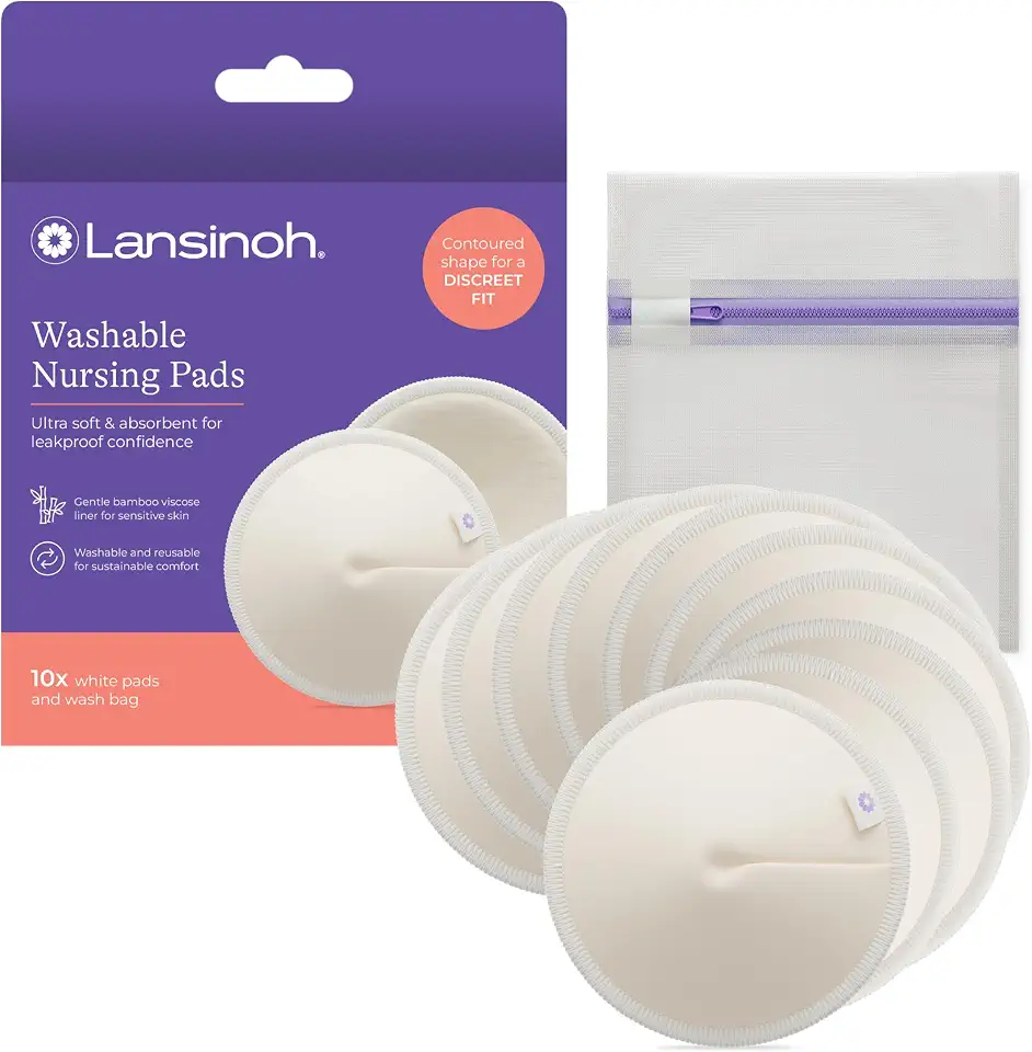 Lansinoh Almofadas de amamentação laváveis, feitas com viscose de bambu orgânico, almofadas reutilizáveis para amamentação com bolsa de lavagem, essenciais para amamentação, 10 unidades