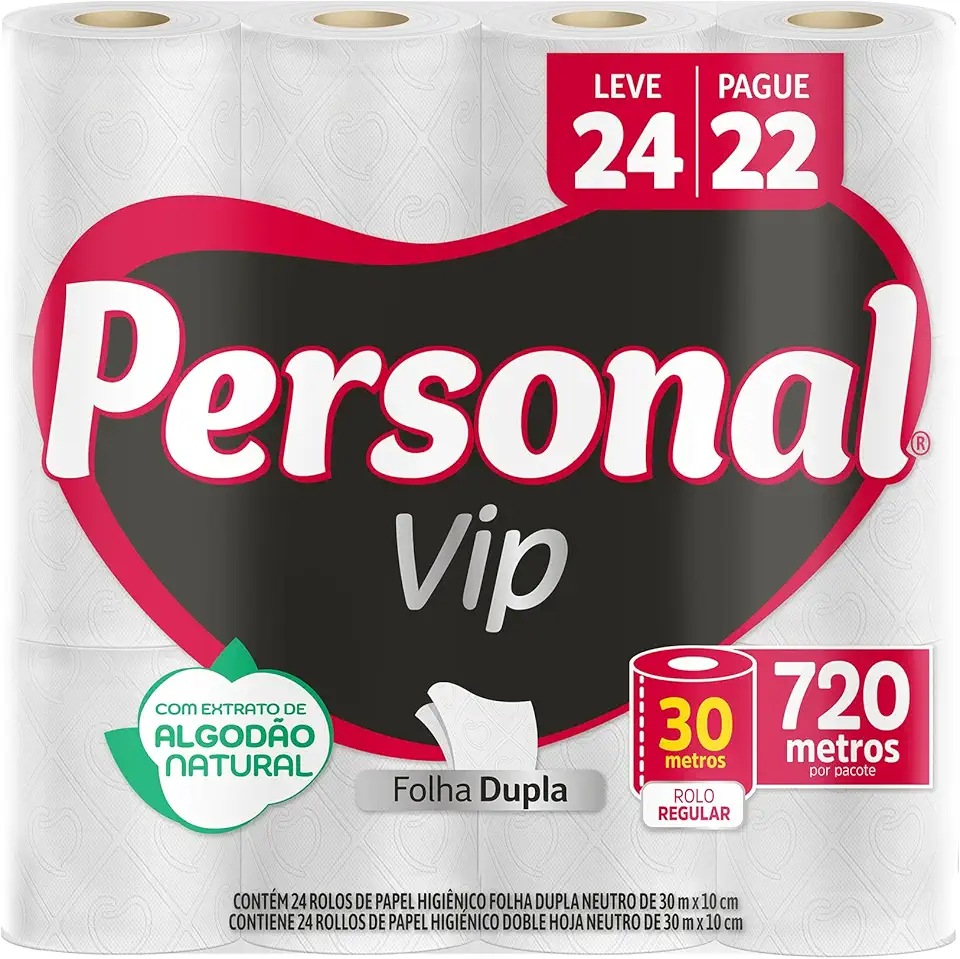 Personal VIP - Papel Higiênico Folha Dupla, Branco 24 unidades (Embalagem pode variar)