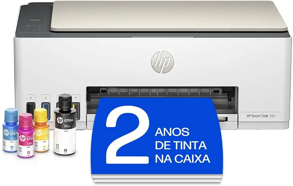 Impressora Multifuncional HP Smart Tank 583 Tanque de Tinta Colorida Wi-Fi com autorreparo, USB - Impressora, Copiadora e Scanner Cor: ‎Branco (4A8D8A)