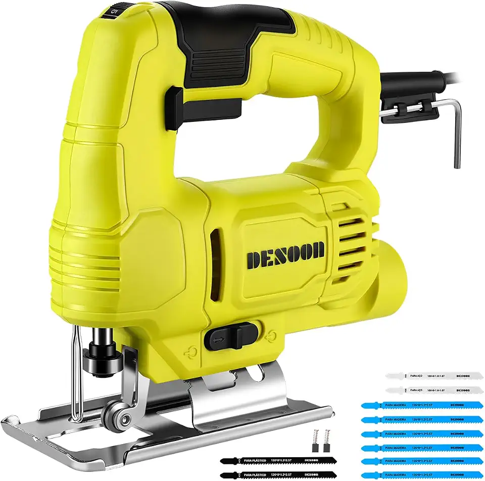 DESOON Serra Tico-Tico Elétrica 550W Professional Corte em Ângulo 45° com Soprador e Extração de Pó Base de Aço Reforçada Capacidade 55mm Madeira e 6mm Aço