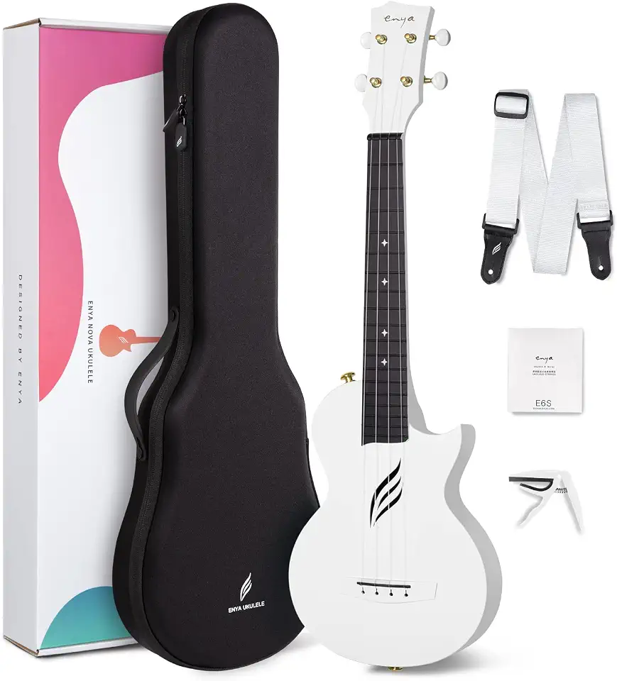 Ukulele concert Enya Nova U 58 cm, de fibra de carbono, ukulele de viagem com kit para iniciantes inclui aulas online (sem garantia de versão em português), estojo, alça, capo e cordas (branco)