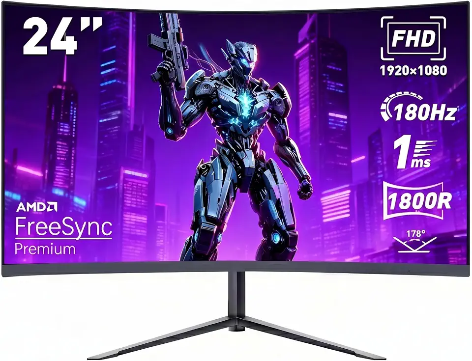 Monitor Gamer Curvo de 24 Polegadas, Monitor de Computador FHD 1080p, 180 Hz, Tempo de Resposta de 1 ms, Ultrafino, Alto-falantes Integrados, VESA, Compatível com G-SYNC