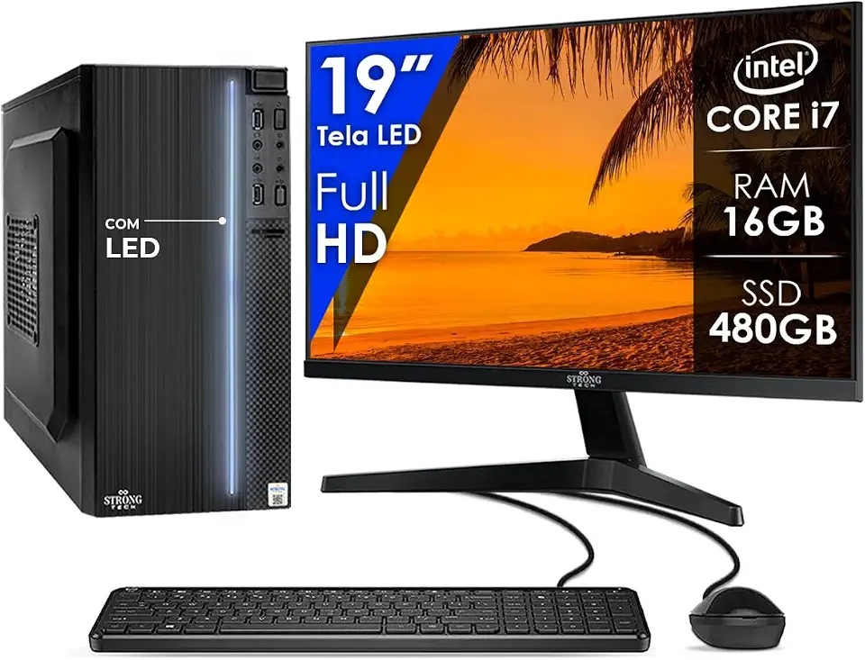 Computador Completo Intel Core i7 16GB SSD 480GB Monitor 19" 4 Núcleos Super Turbo Pc Hdmi Teclado e Mouse Strong Tech