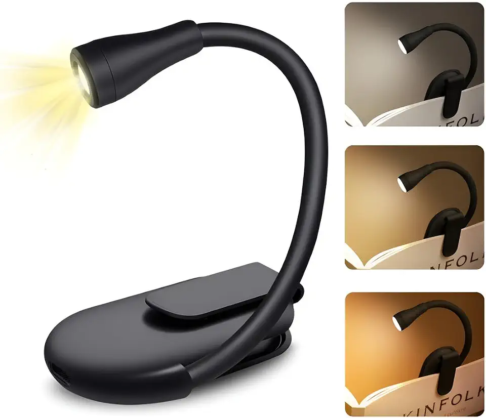 Luz de Leitura Para Livro Luminária de Livros Com Clips, LED Quente Neutra Fria - Ideal para Estudar ou Ler a Noite - Recarregável USB (PRETO)