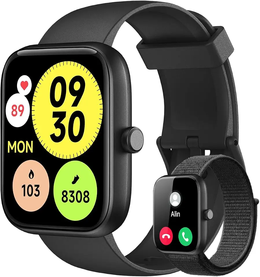 Smartwatch Relógio Inteligente, Tela HD de 1,83" Relógio Fitness com Alexa, 120 Esportes, Frequência Cardíaca e Monitoramento do Sono, IP68 à rova d'água, Compatível com Android iOS, 2 Pulseiras Preto