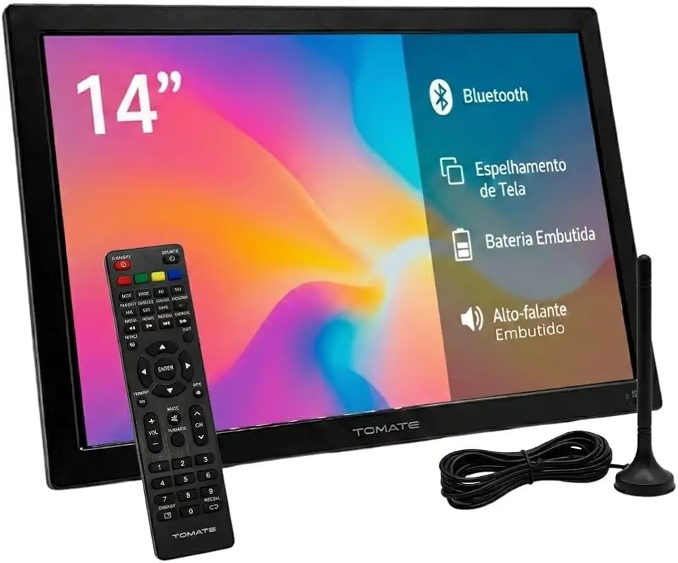 TV Portátil 14" com Antena Digital e Controle Remoto, Tela Slim com Som Embutido, USB HDMI Bivolt, para Viagem Carro Caminhão Camping