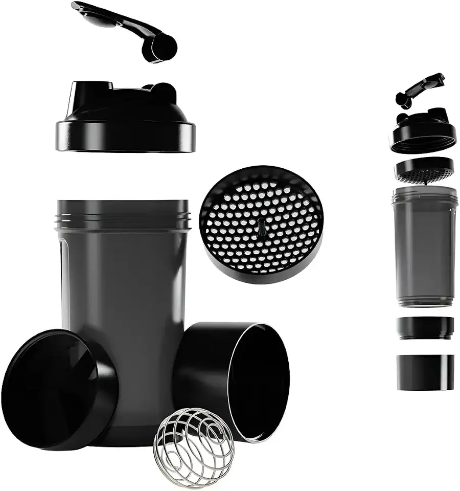 Coqueteleira Shaker Academia Compartimento Suplementos Divisórias 500ml (Preto)