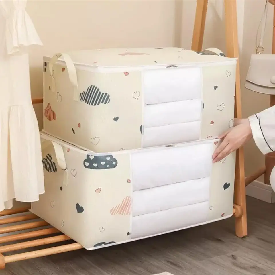 KIT 2 Sacola Organizadora de Guarda-Roupa para Roupa de Cama, Edredom e Roupas, Grande, Anti-Mofo, com Zíper, Estilo Caixa, Material Oxford, Cor Bege