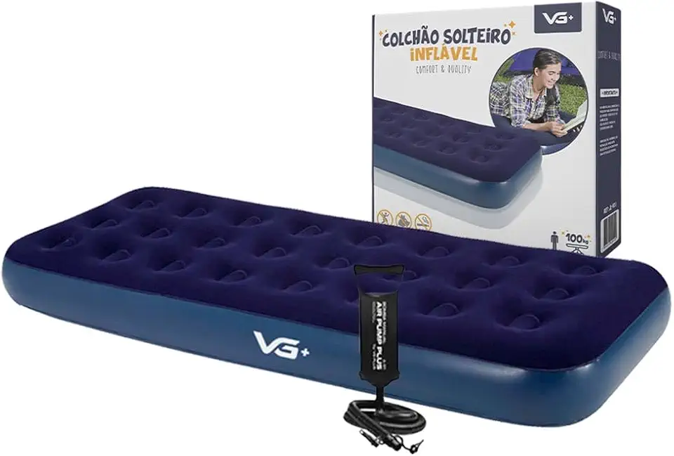 VG PLUS, Colchão Solteiro Inflável + Bomba De Ar Manual VG Plus