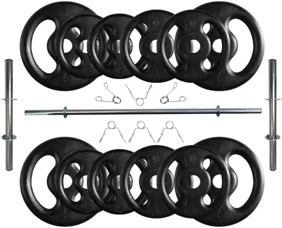 Kit Anilhas Ferro Fundido 40 Kg + Barras com Presilhas