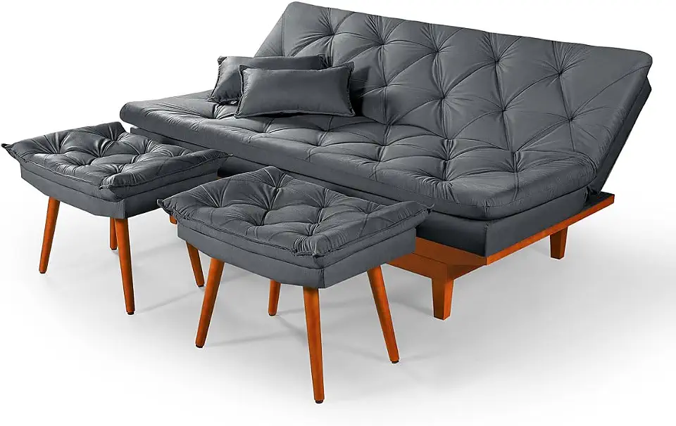 Sofa Cama Reclinavel Caribe Com Duas Banquetas Rubi Suede Cinza