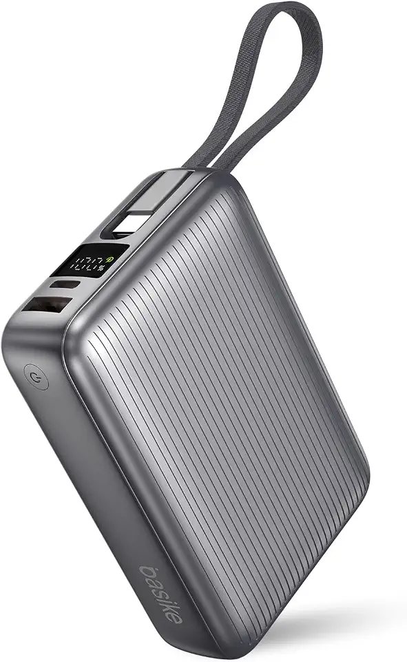 Basike Power Bank, Carregador Portátil 20000mAh 45W, 3-Saídas com Cabo USB-C Integrado, Bateria Externa de Carregamento Rápido PPS/PD/QC para iPhone Séries 16/15/14/13, Samsung S25/24/23/22/21 (Cinza)