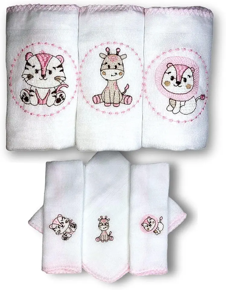 Kit SAFARI com 6 Fraldas De Pano Bordadas (3 De Ombro + 3 De Boca) (ROSA)