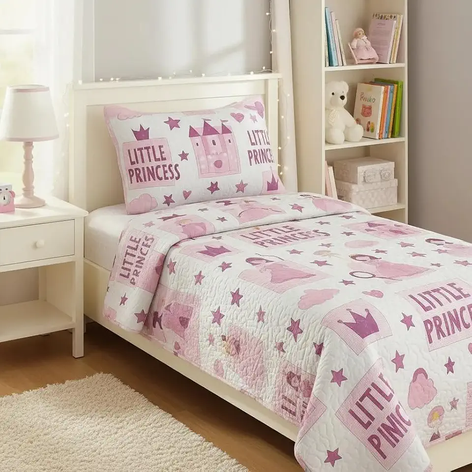 Kit Colcha Infantil com Porta-Travesseiro, Solteiro, 160x240cm, Estampas Divertidas para Meninos e Meninas (PRINCESA)