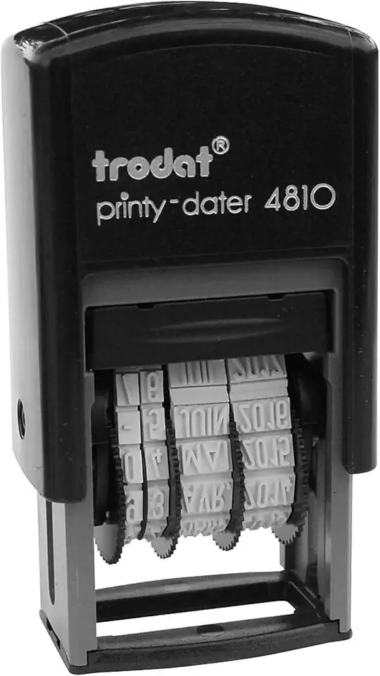 Carimbo Datador Automático Trodat Printy 4810 Impressão 25x3,8 mm, Formato DD MM AAAA, Tinta Preta, Compacto, Leve, Resistente, Ideal para Escritórios, Empresas, Uso Profissional e Pessoal