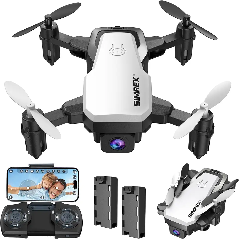 SIMREX Mini drone com câmera 720P para crianças e iniciantes – Quadricóptero RC dobrável, posicionamento de fluxo óptico, retenção de altitude, flip 3D, 2 baterias de voo de 20 minutos, presente