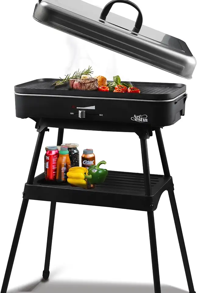 Artestia Grelhadores elétricos de 1800 W para ambientes externos com tampa para uso interno sem fumaça para varanda com controle de temperatura, churrasqueira, portátil e removível para cozinhar