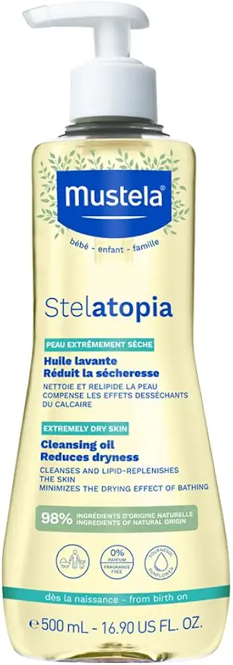 Mustela Stelatopia Óleo de Banho 500 ml - Limpeza e Hidratação suave para Peles Secas e extremamente Ressecadas - Seguro Para Bebês, Crianças e Adultos - Sem Fragrância - Stelatopia