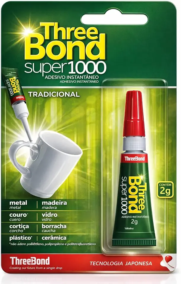 Cola Super 1000 Adesivo Instantâneo Tradicional, 2g, para Metal, Cerâmica, Couro, Borracha e Madeira