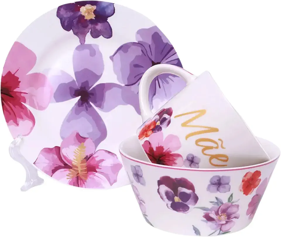 Zonacriativa – Kit Café da Manhã Mãe Florence | Caneca, Bowl e Prato em Cerâmica Resistente | Para Lanches/Refeições Rápidas e Divertidas - Café da Tarde Personalizado e Especial