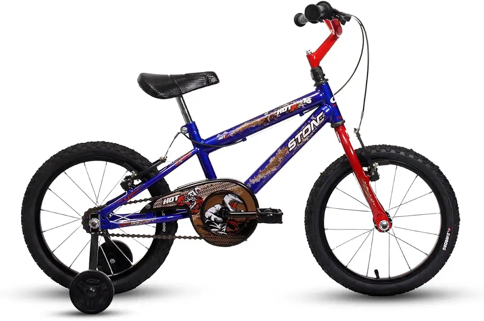 Bicicleta Infantil Menino Aro 16 Hot Jr com Rodinhas Laterais Freio V-Brake Quadro Aço Carbono Azul e Vermelho para Crianças 4 a 7 Anos