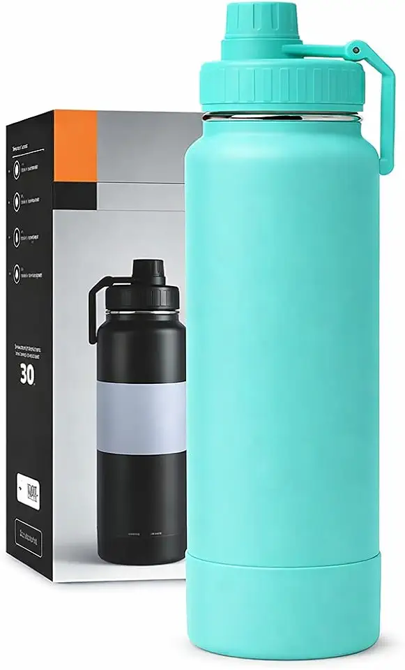 Garrafa Térmica 1000ML - Duplamente Isolada, Aço Inox 304, Base Emborrachada Anti Derrapante, Mantém Bebidas Quentes por 12 Horas e Geladas por 24 Horas (Verde Agua Slin)