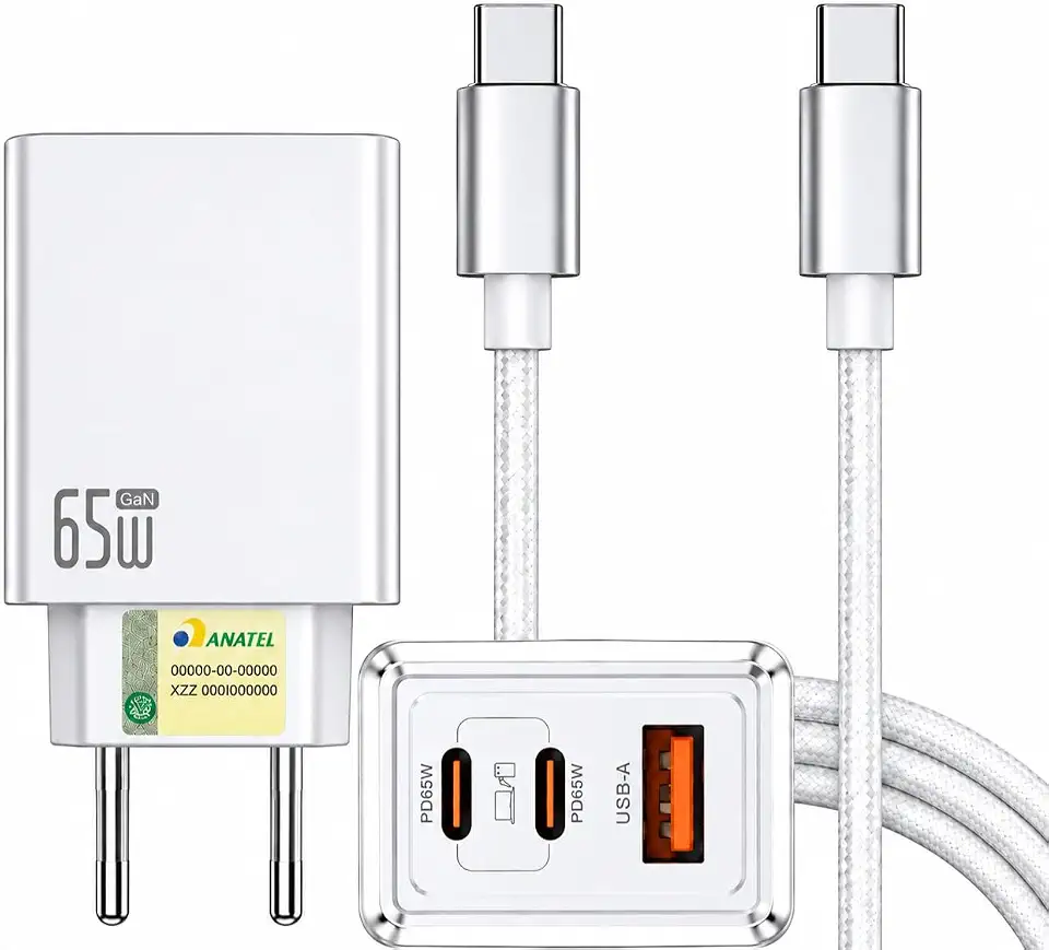 Carregador Turbo 65W com 3 Entradas (2 USB-C e 1 USB-A) + Cabo USB-C de 1m – Carregamento Rápido e Eficiente, Compatível com iOS, Android, Tablets - Branco