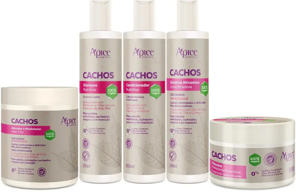 Apse Kit Completo 5 Itens Tratamento Cachos - Shampoo, Condicionador, Máscara, Ativador e Gelatina - Enrichecido com D Pantenol, Karité, Óleo de Coco e Aloe Vera - Para Cabelos Ondulados e Cacheados
