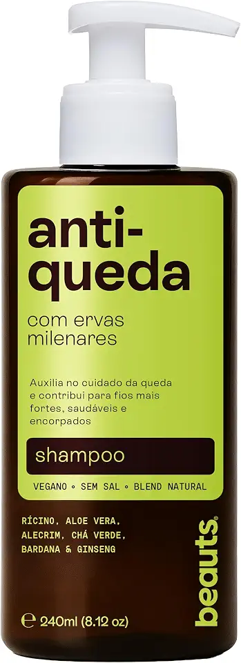 Shampoo Antiqueda com Babosa (Aloe Vera), Alecrim, Jaborandi, Rícino e Ginseng – Auxilia no Cuidado da Queda e no Fortalecimento Capilar – Vegano – 240 mL – Beauts
