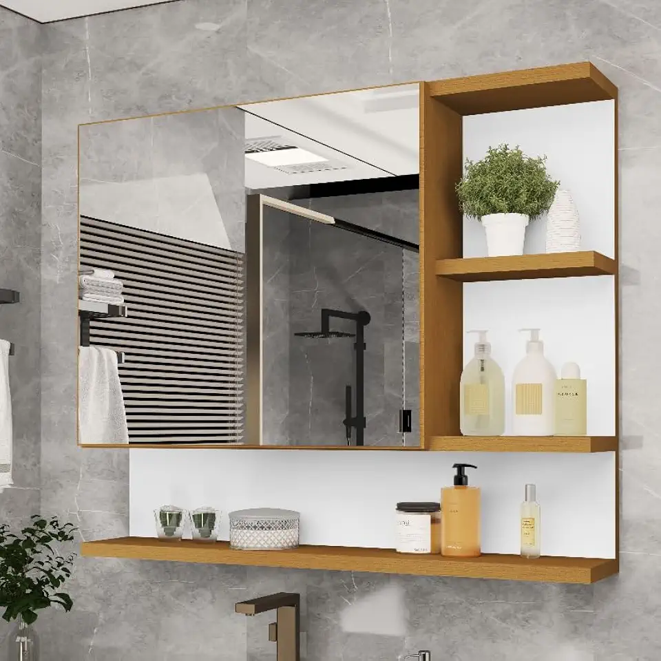 Espelheira Armário para Banheiro com Porta e Espelho 60cm – MDF/MDP – Nicho Interno – Design Moderno (Nature/Branco)