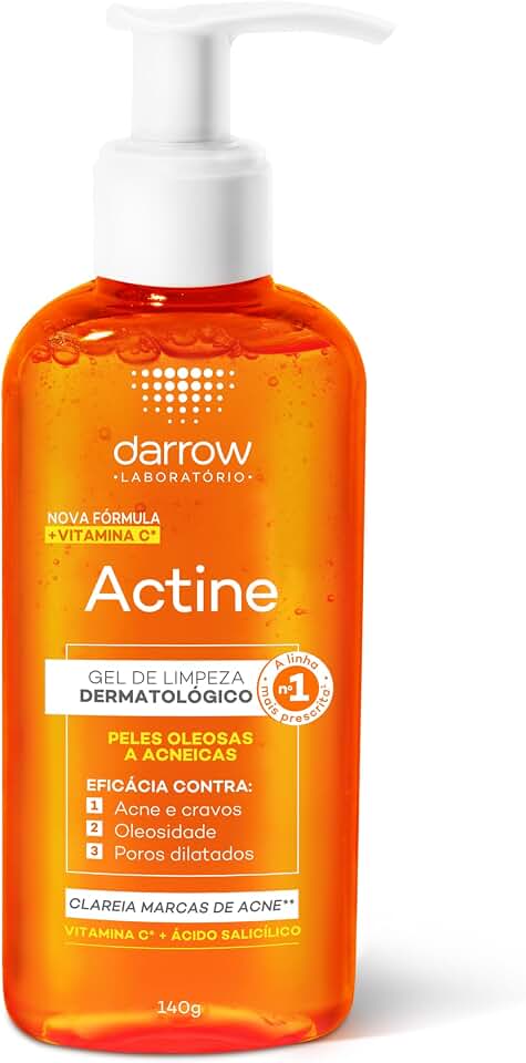 Darrow Actine Gel de Limpeza Dermatológico Facial com Ácido Salicílico, Vitamina C e Lactato de Mentila, Redução de 86% da Acne e -90% Oleosidade Imediatamente, 140g