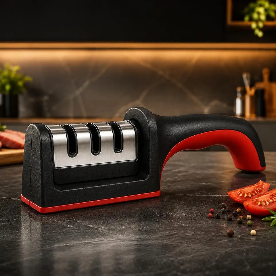 Amolador de Facas Profissional 3 Estágios, Afiador Manual Multifuncional para Facas de Cozinha, Tesouras e Lâminas, Base Antiderrapante, Compacto, Seguro e Fácil de Usar