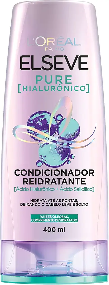 L'Oréal Paris Elseve Condicionador Pure Hialurônico Reidratante com Ácido Salicílico e Ácido Hialurônico para Cabelos com Raízes Oleosas e Pontas Secas, 400ml