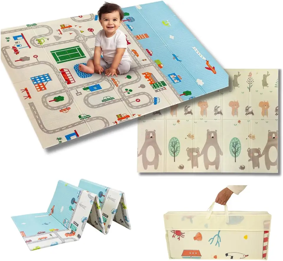 Tapete Térmico Infantil Emborrachado Dupla Estampa Tatame Infantil 200x150cm Ursinho e Pista de Carros Cidade Dupla Face Dobrável Atividades Impermeável