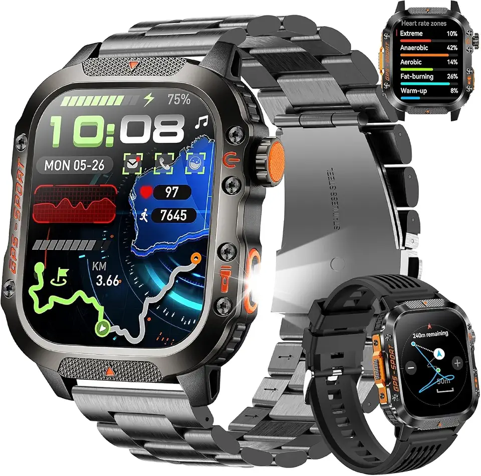 Smartwatch Resistente à Água com GPS, Tela 2.01 Polegadas, Bateria 540mAh, Lanterna LED, Bússola, Mais de 100 Modos Esportivos, Relógios desportivos para atividades ao ar livre, estilo militar