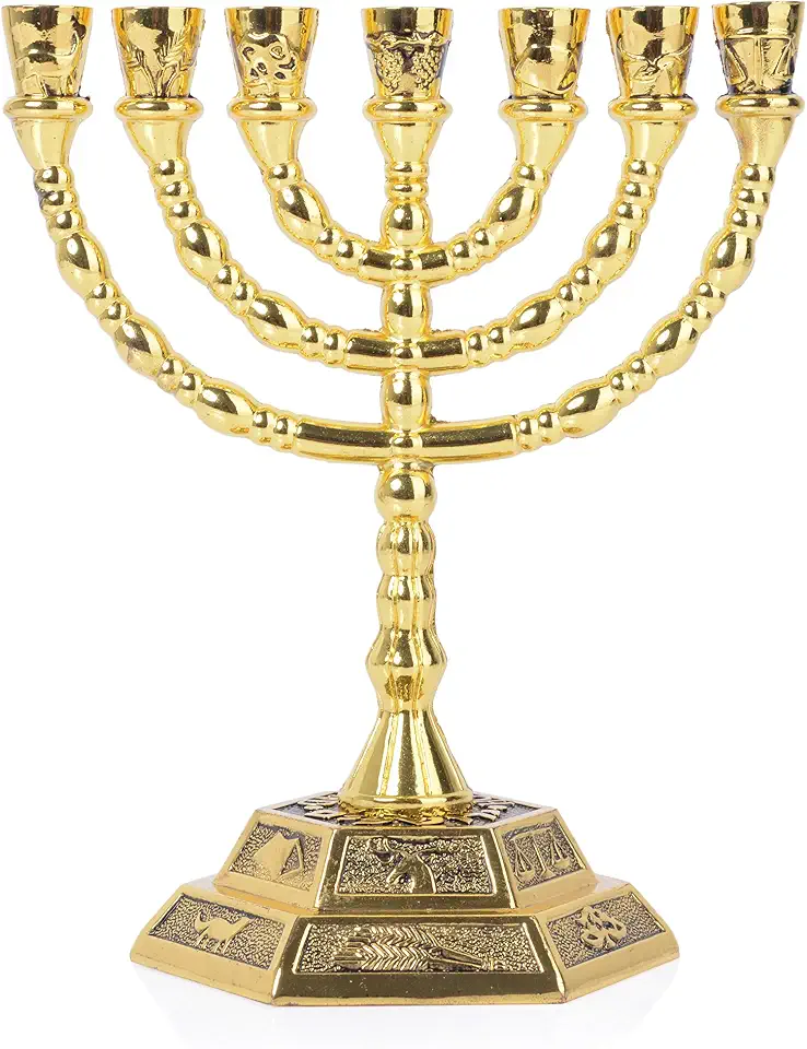 BRTAGG Menorah 7 velas, 12 tribos de Israel menorá, castiçal judaico do templo de Jerusalém (20cm de altura, ouro)
