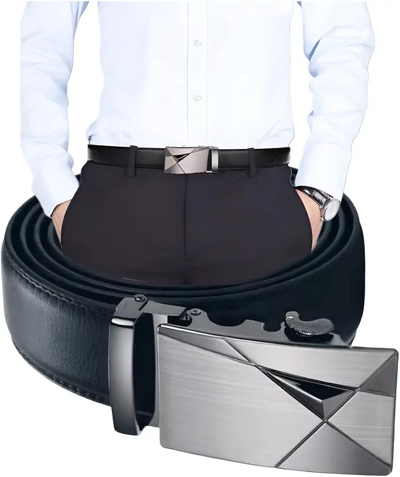 Cinto Social Masculino em Couro com Fivela Automática Geométrica, Design Moderno, Preto