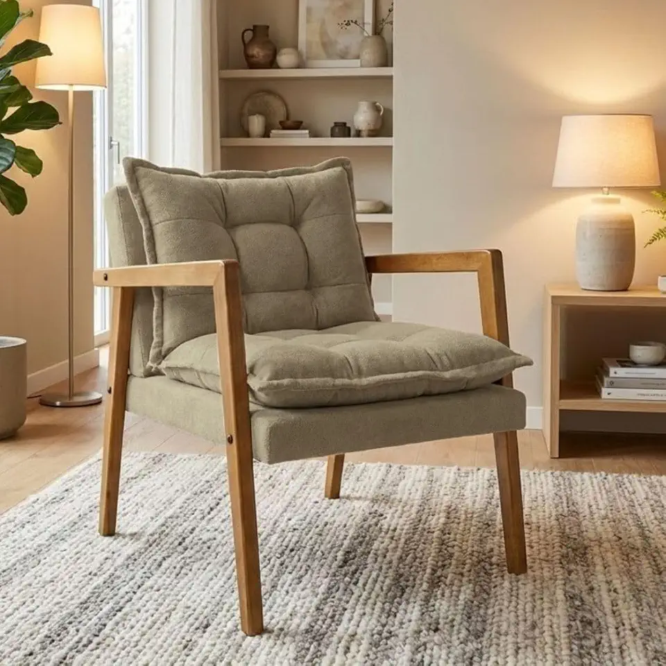 Poltrona Moderna Confortável Sala de Estar Design Elegante Estrutura Madeira Estofado Tecido Boucle Estilo Sofisticado MOBLAN decor (CAPPUCCINO)